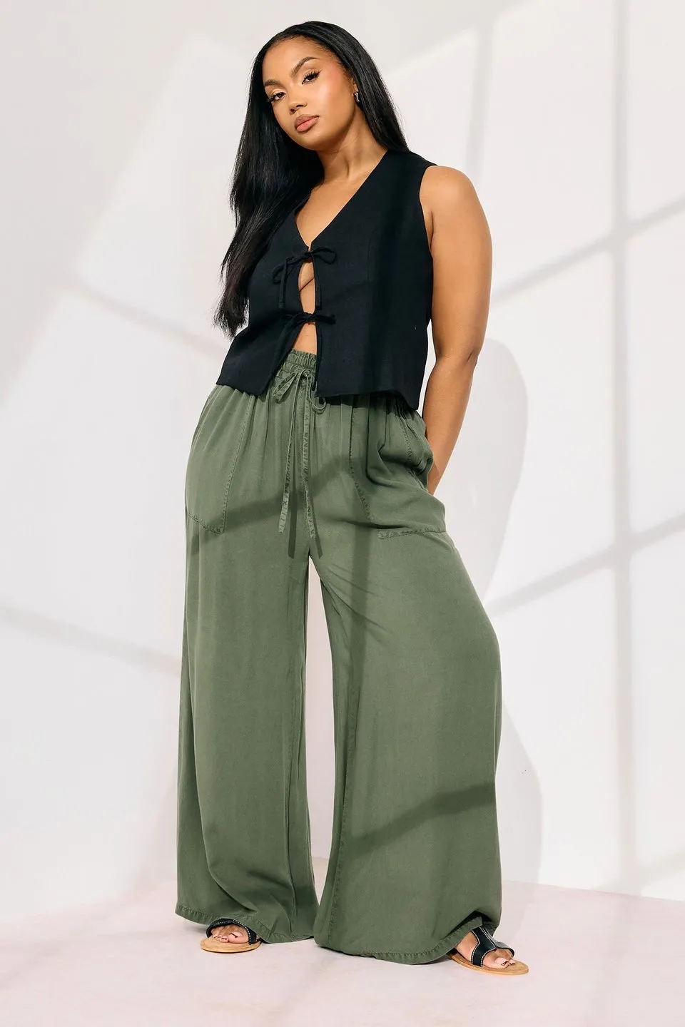 Yours Curve Khaki Green Chambray Tie Front Wide Leg Trousers