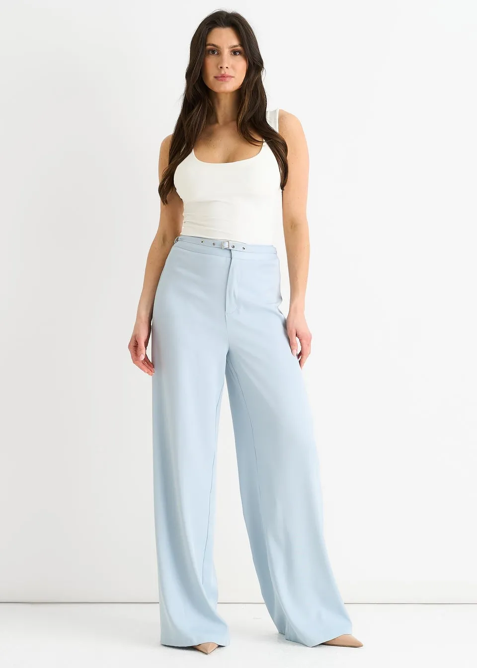 Gini London Light Blue Tailored Belt Wide Leg Trousers