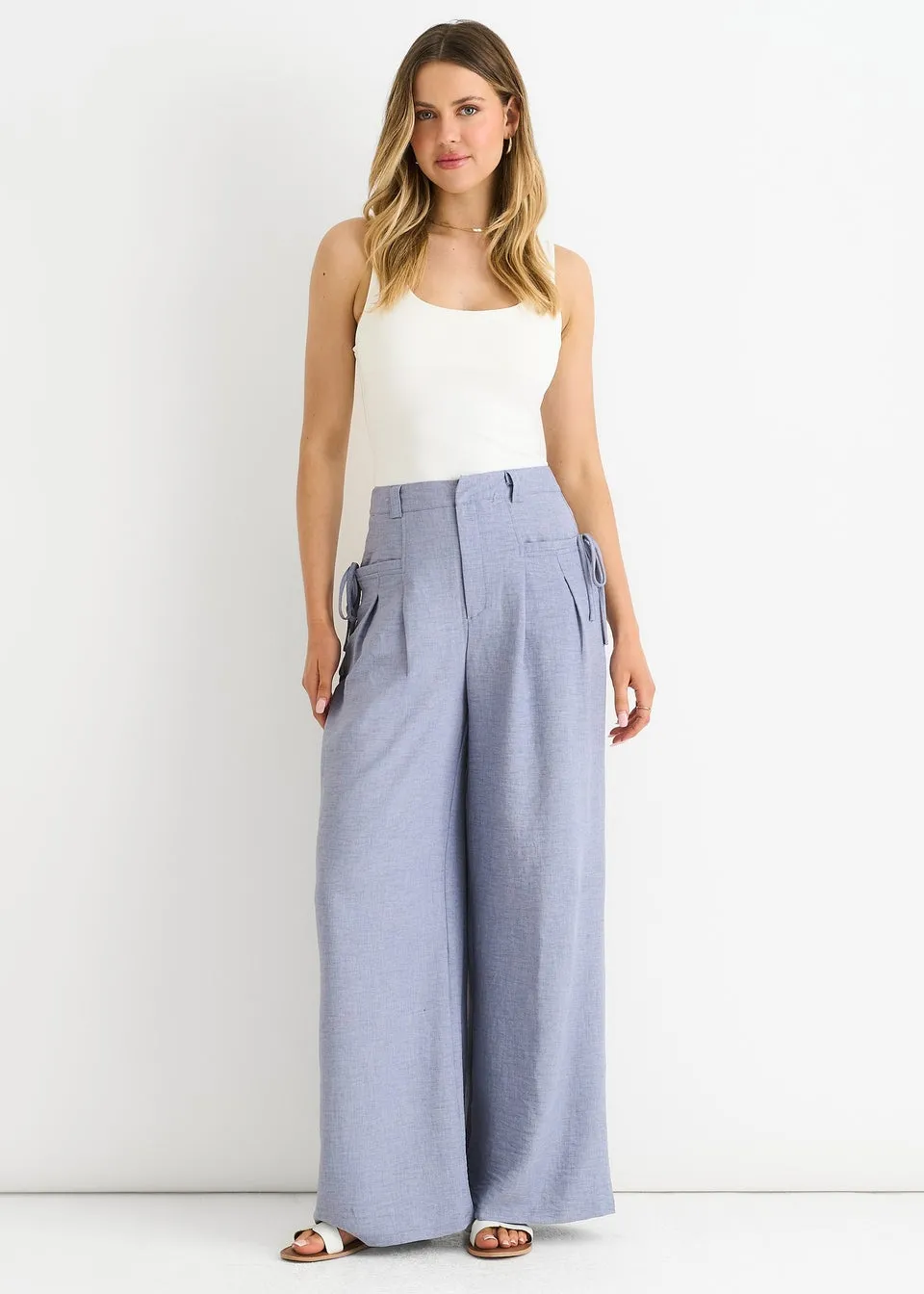 Gini London Blue Linen Look High Waist Wide Leg Trousers