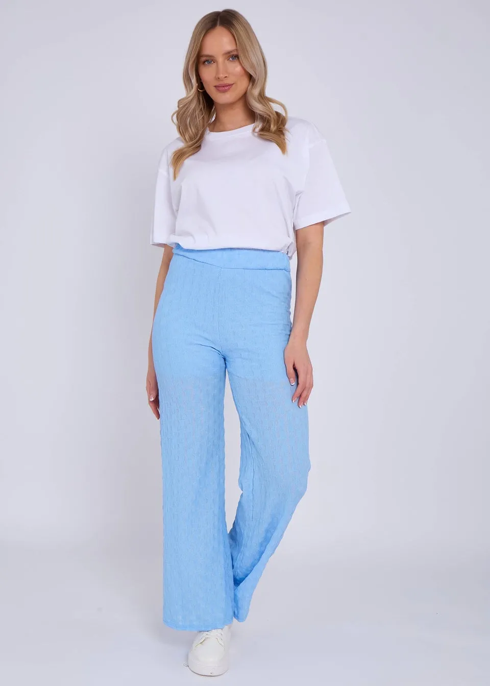 Gini London Sky Blue Textured Elasticated Waist Flared Trousers
