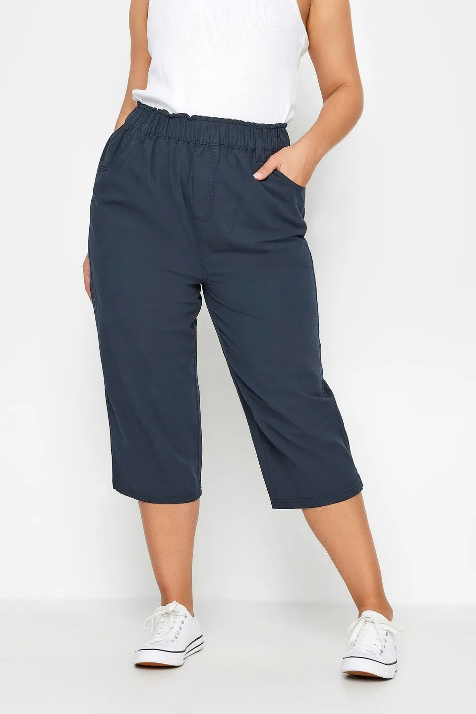 Yours Curve Navy Blue Cool Cotton Cropped Trousers
