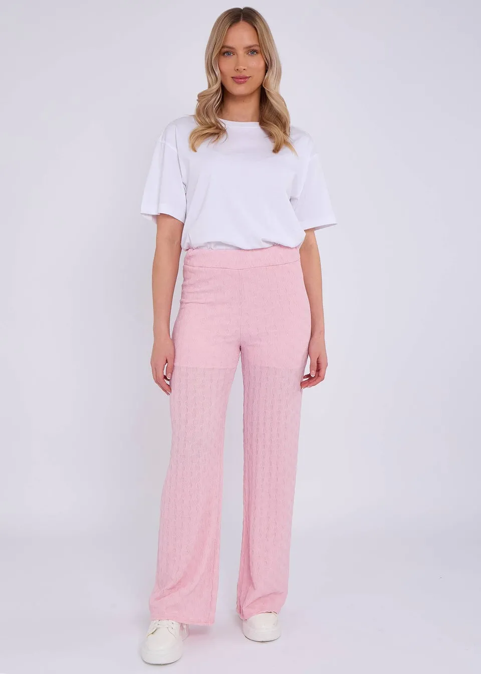 Gini London Pink Textured Elasticated Waist Flared Trousers