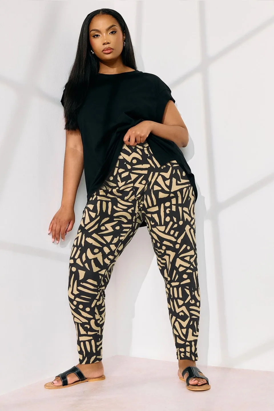 Yours Curve Natural Brown Abstract Print Harem Trousers