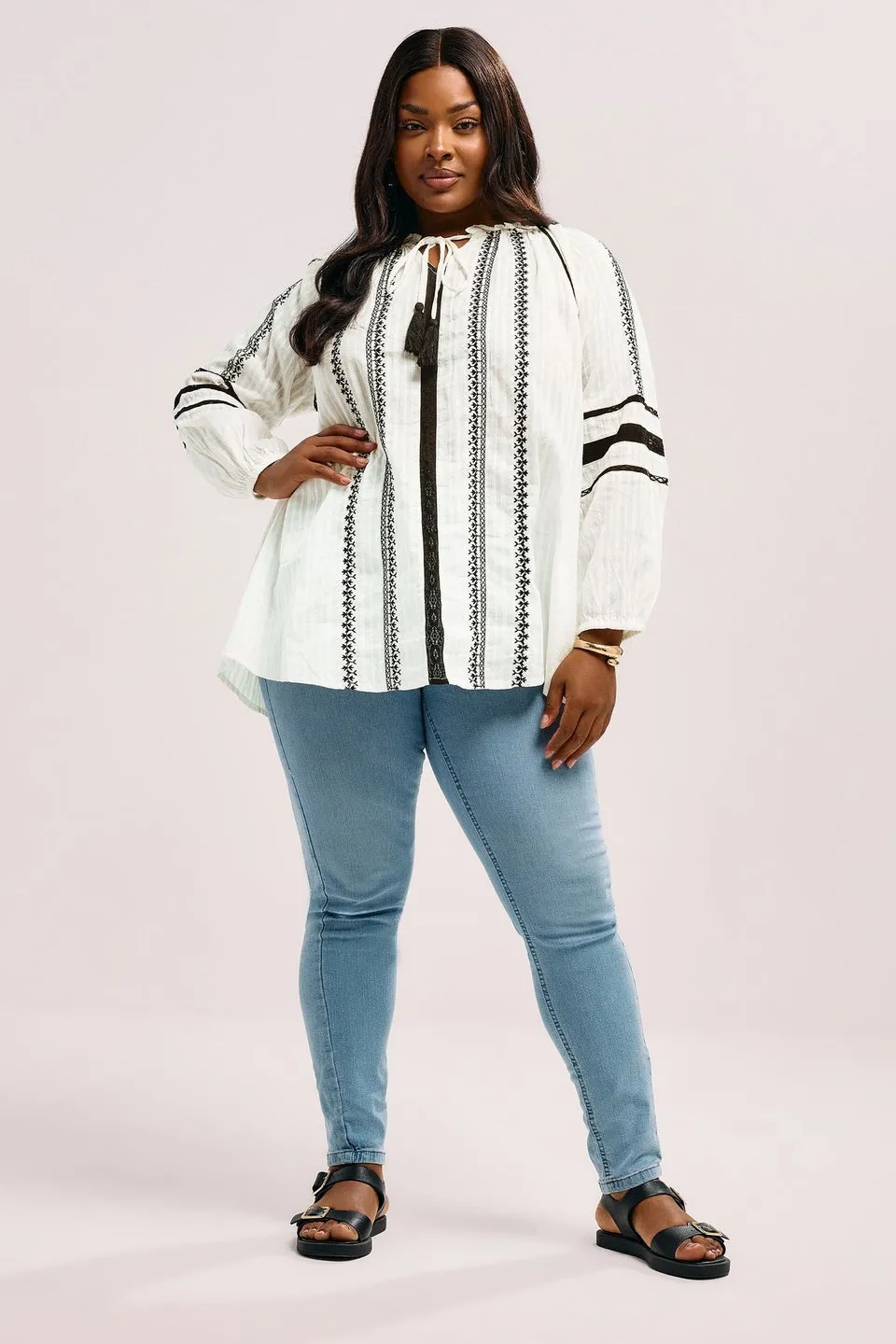 YOURS Curve Cream Embroidered Tie Neck Blouse