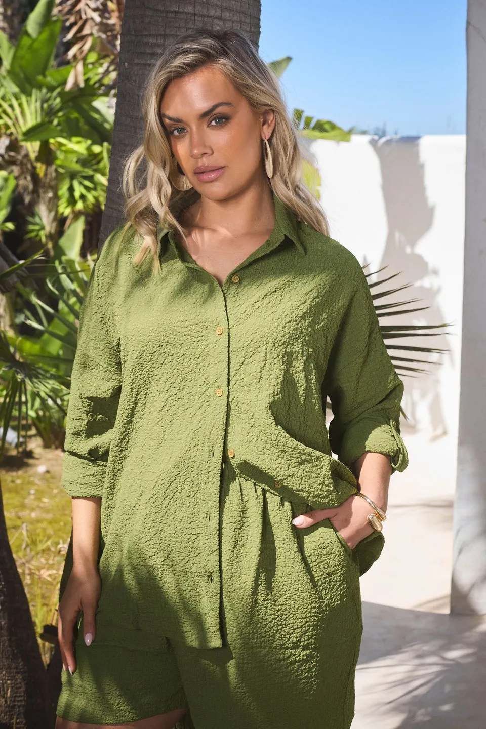 YOURS Curve Khaki Green Textured Long Sleeve Shirt