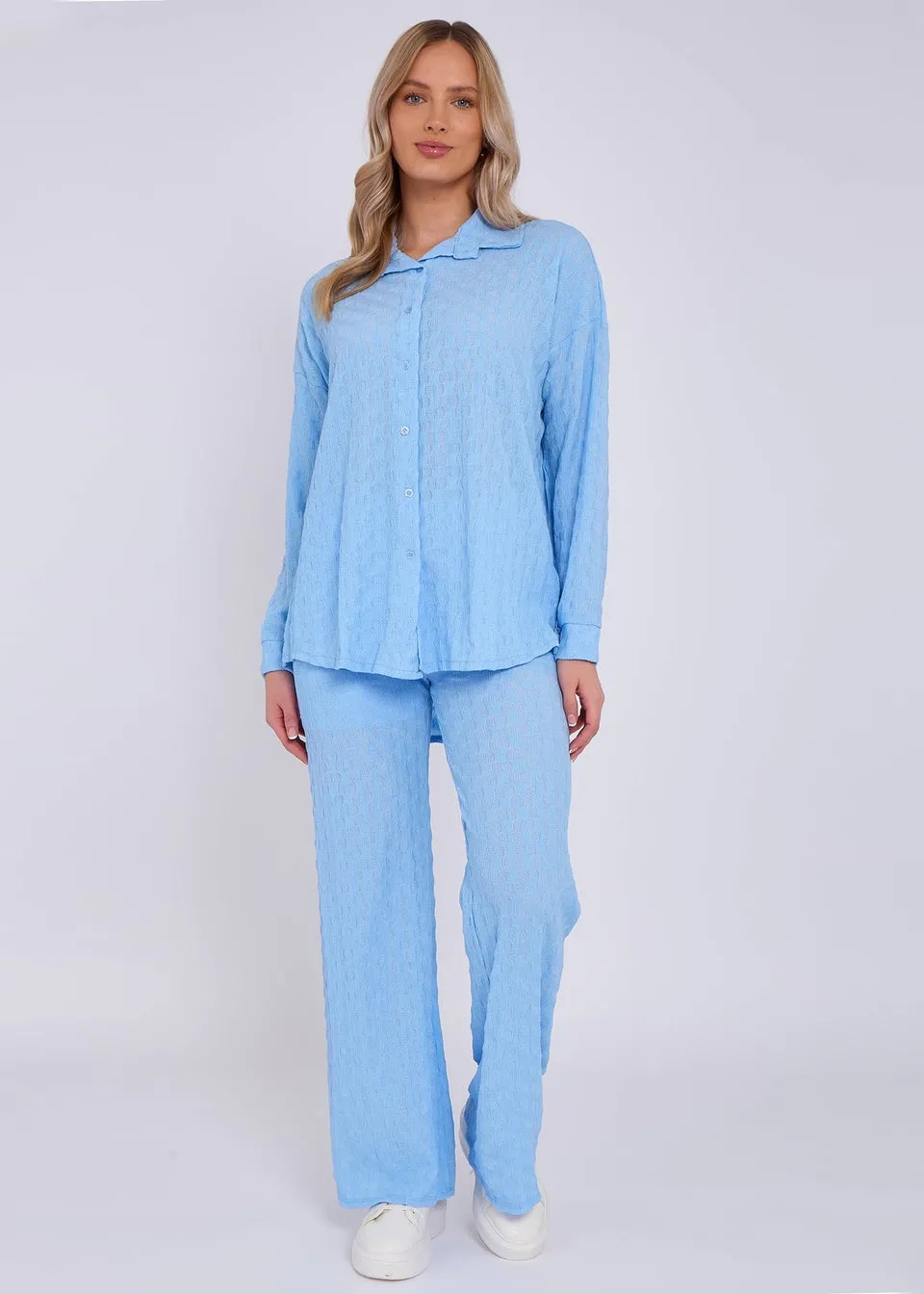 Gini London Sky Blue Textured Oversized Long Sleeves Shirt