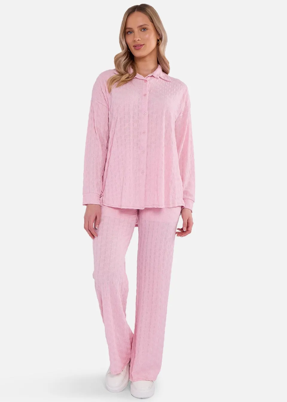 Gini London Pink Textured Oversized Long Sleeves Shirt
