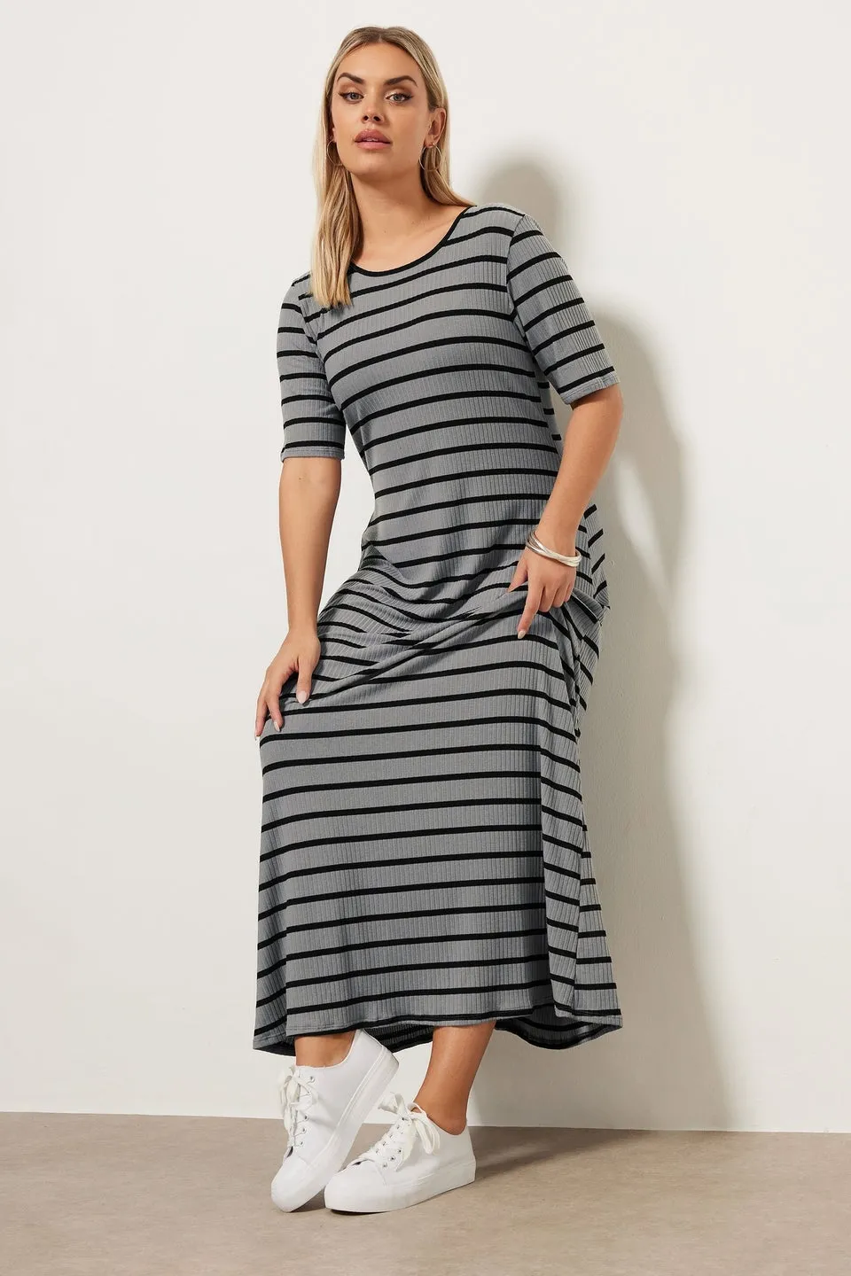 Yours Curve Grey Stripe Ribbed Maxi Dress