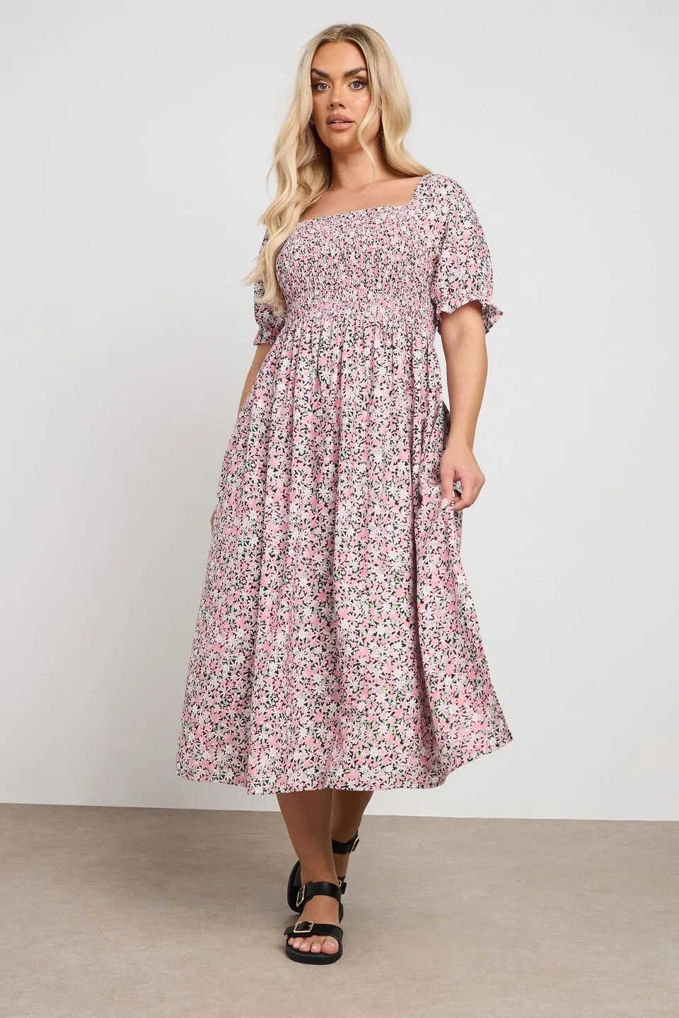 Yours Curve Pink Floral Shirred Square Neck Midaxi Dress