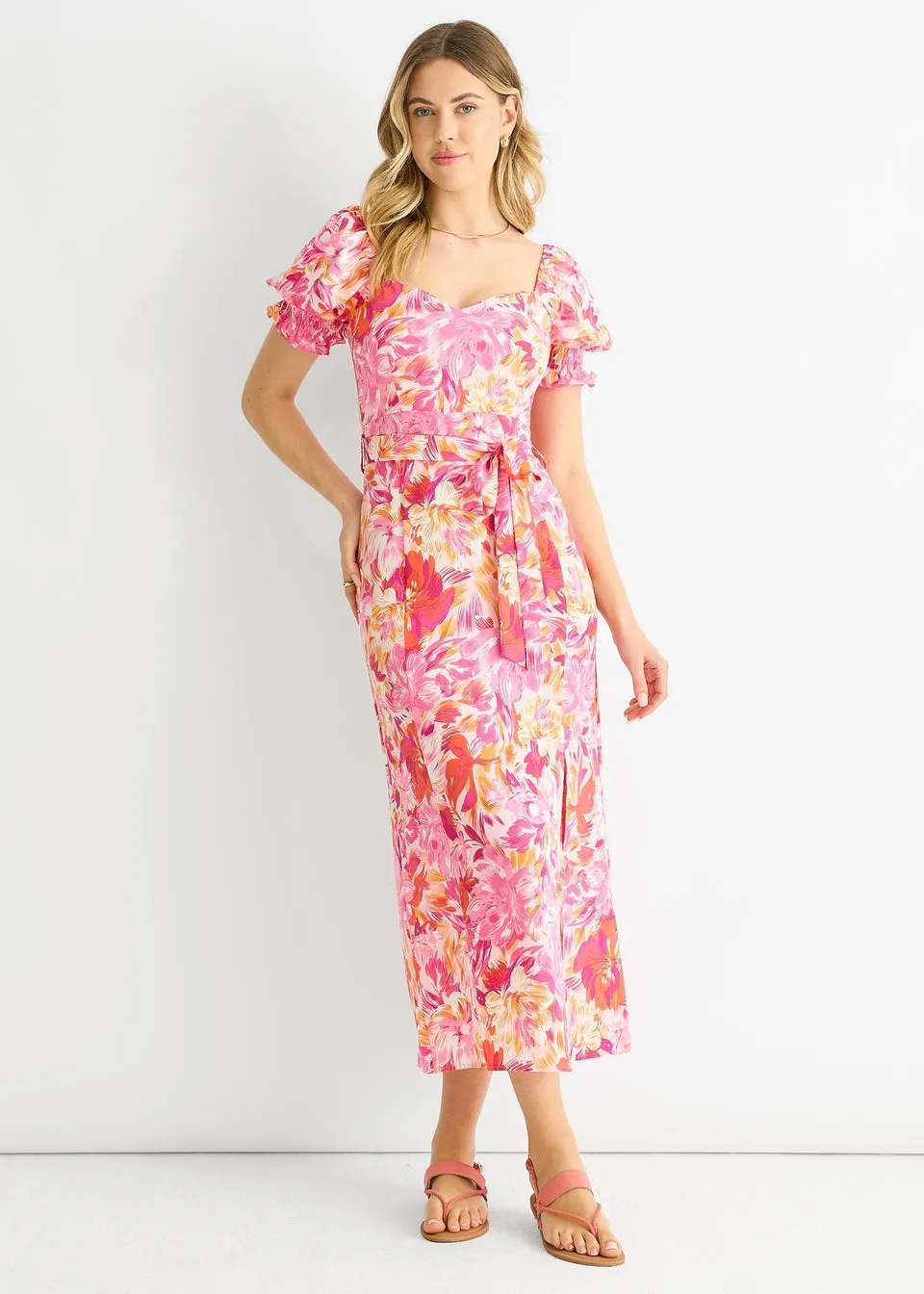 Gini London Red Floral Puff Sleeves Belted Midi Dress