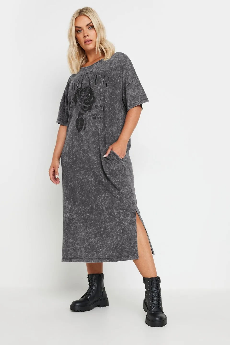 Yours Curve Grey Rose Graphic Print T Shirt Dress