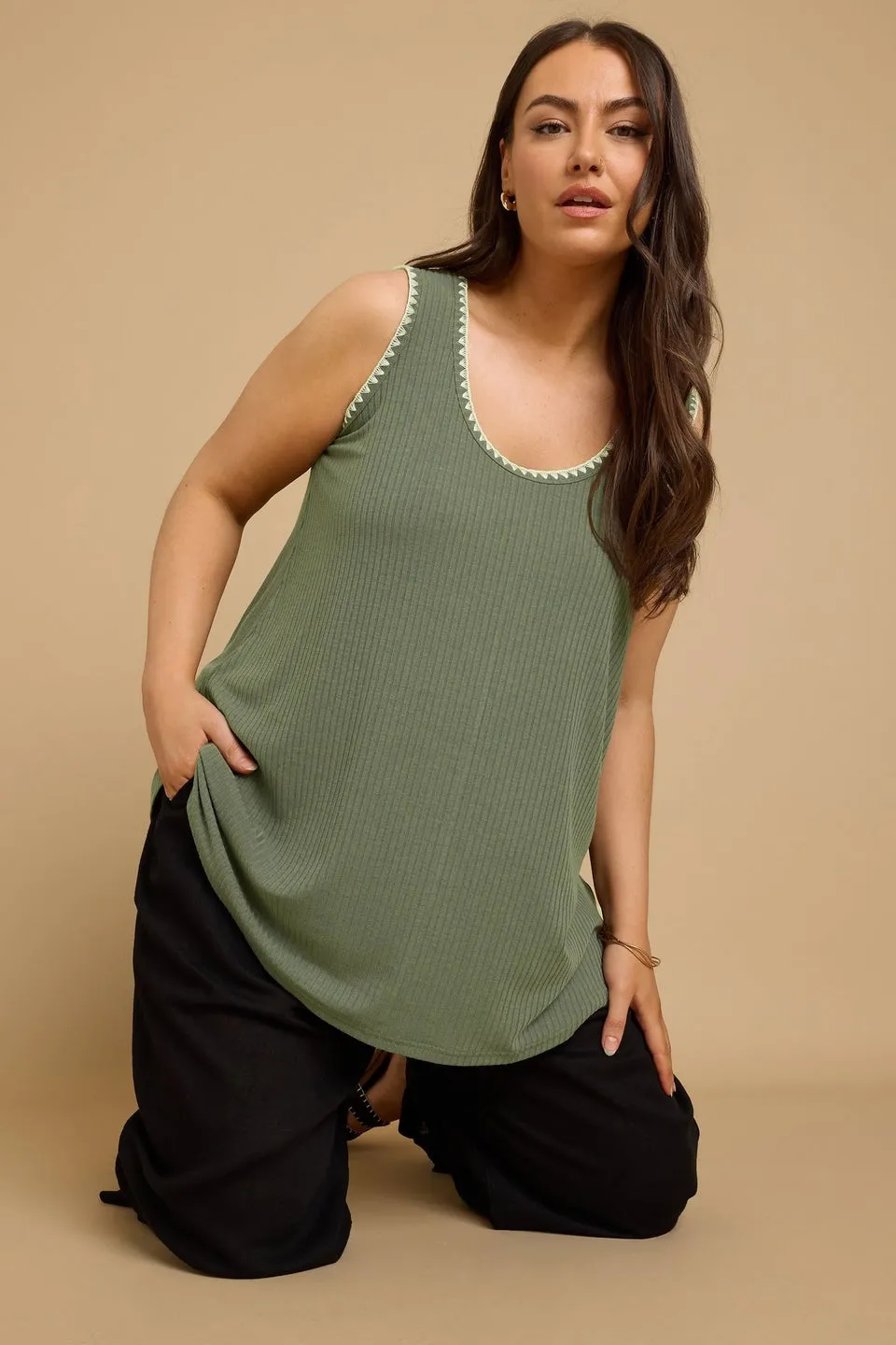 Yours Curve Khaki Green Contrast Blanket Stitch Ribbed Vest Top