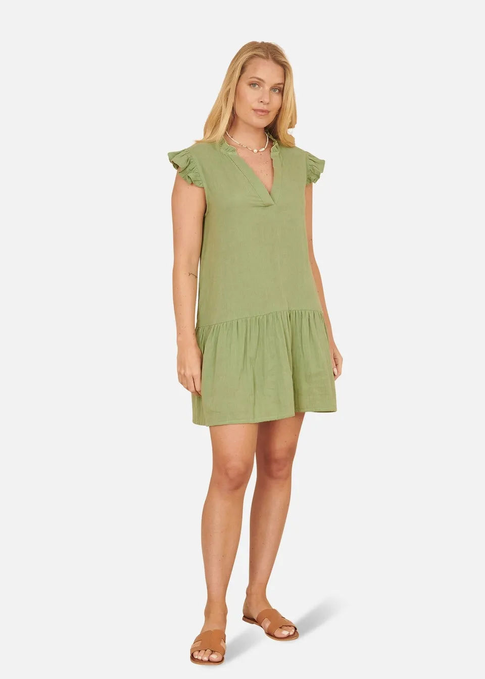 Yumi Green Double Cotton Tunic With Frill Sleeves