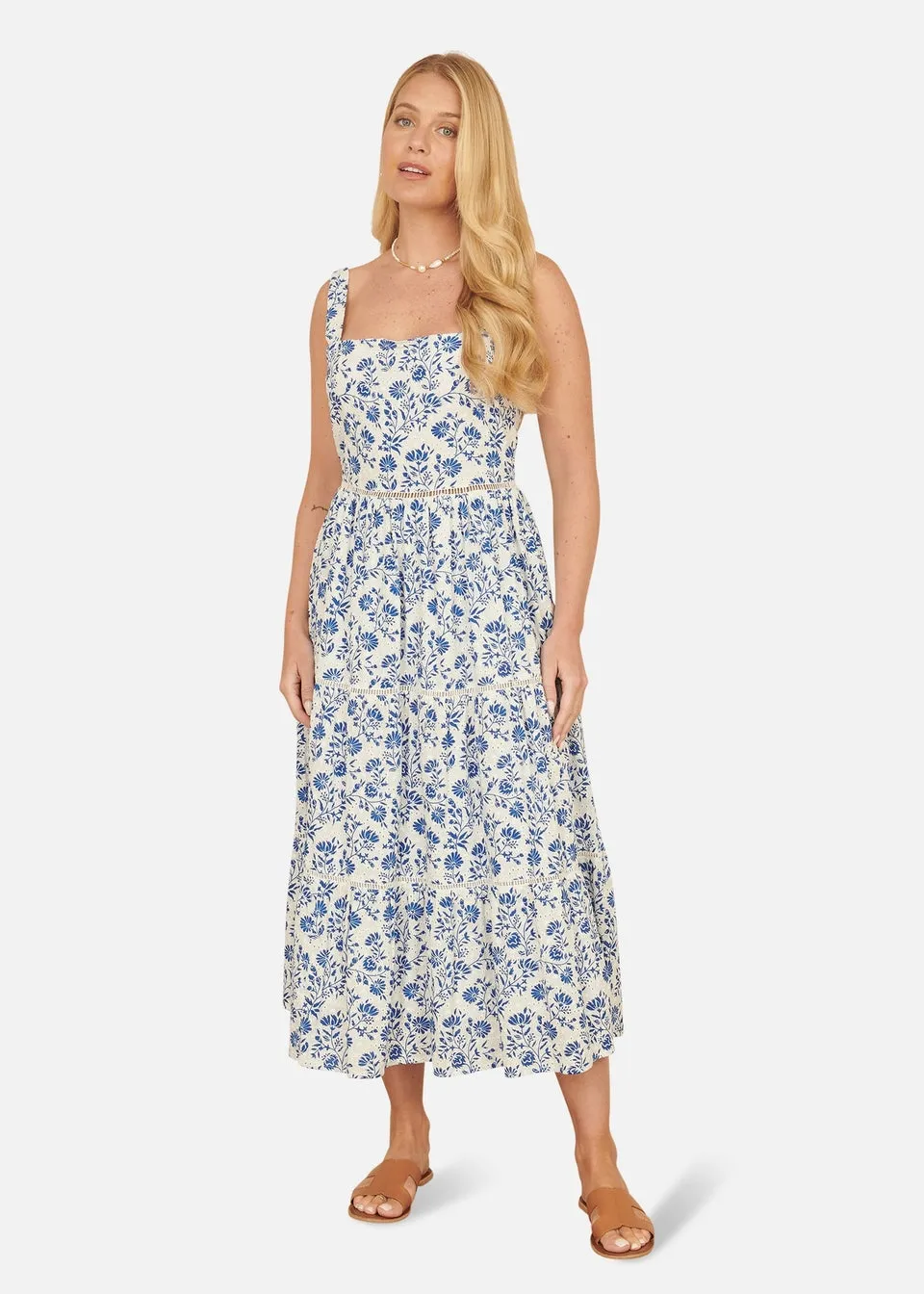 Yumi Blue Floral Broderie Anglaise Midi Sun Dress