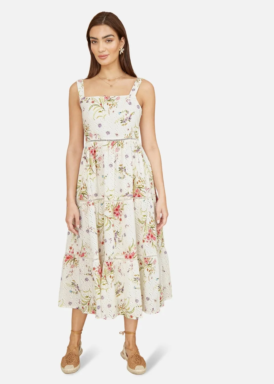 Yumi White Floral Broderie Anglaise Midi Sun Dress