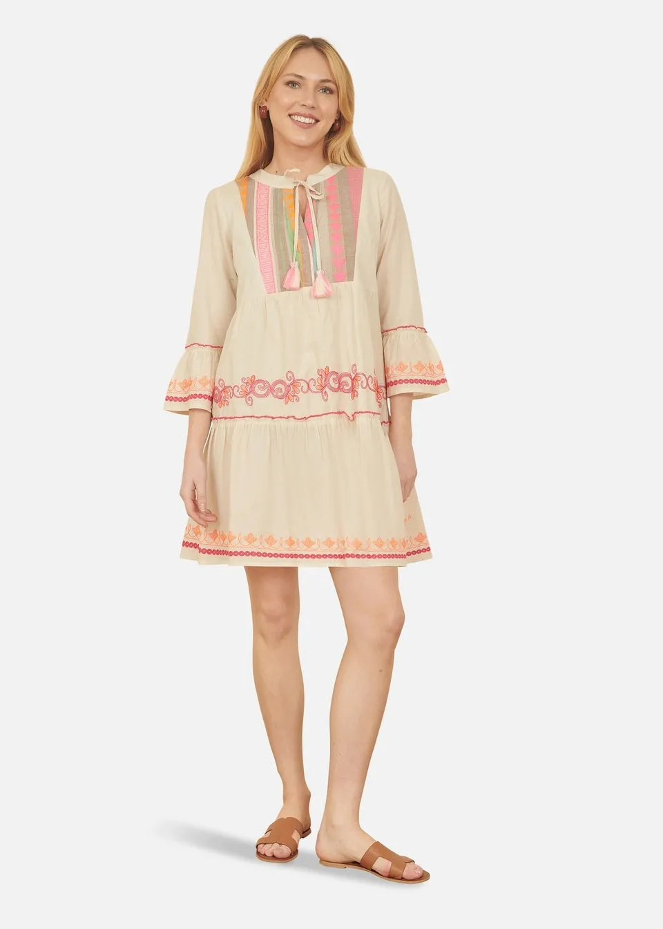 Yumi Beige Embroidered Cotton Tunic