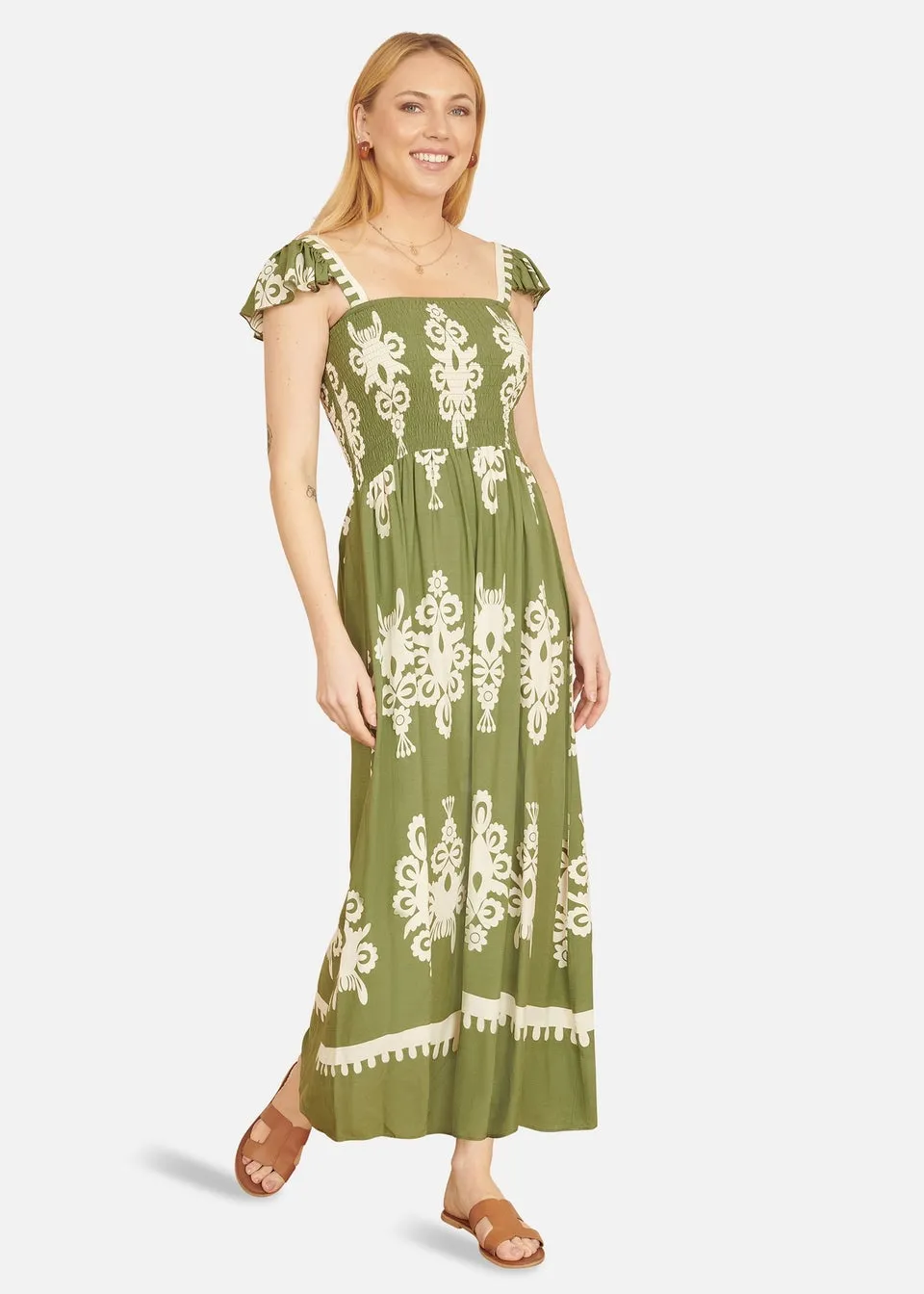 Yumi Green Block Print Ruched Maxi Dress