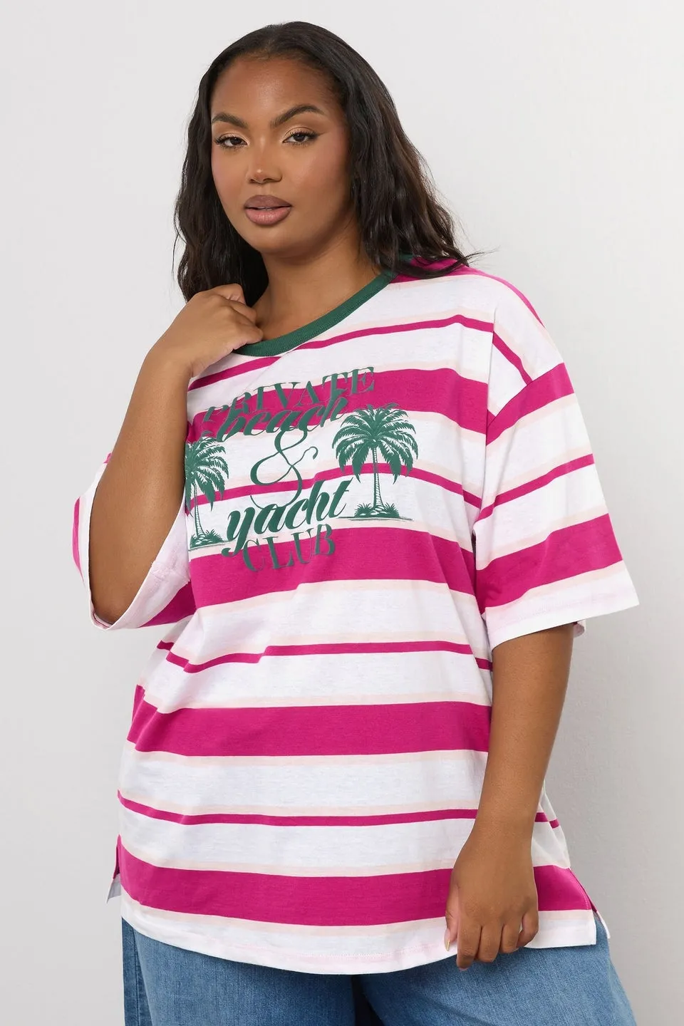 Yours Curve Pink 'Beach Club' Slogan Stripe T-Shirt