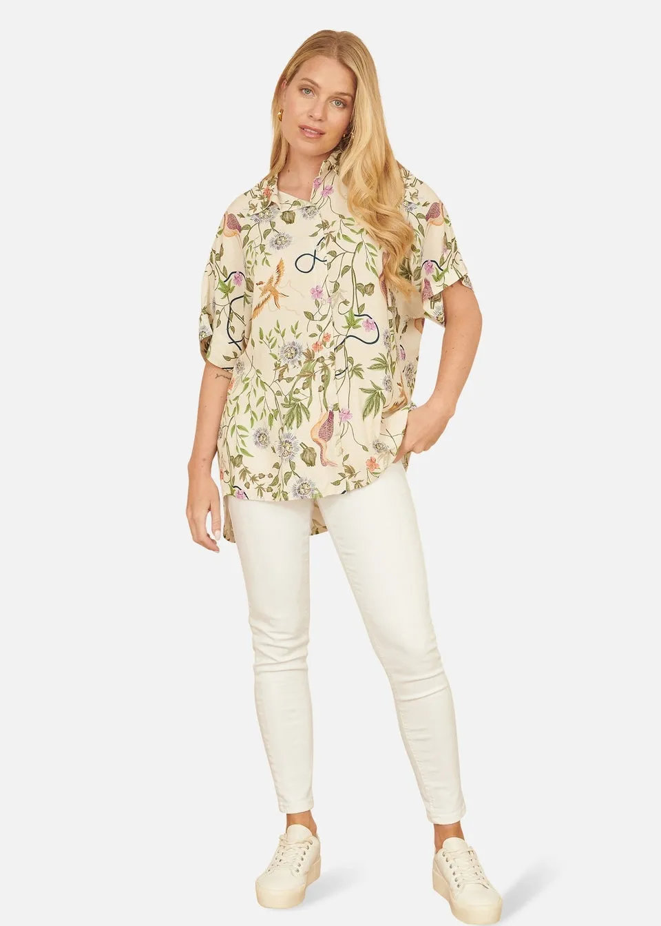 Yumi Beige Relaxed Fit Shirt With Botanical Print
