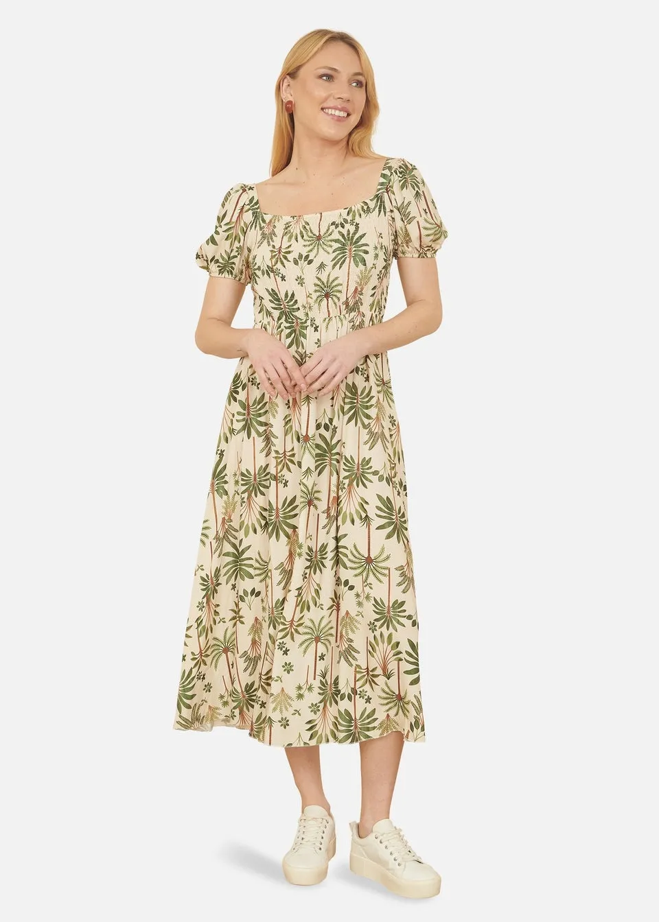 Yumi Beige Cotton Palm Print Ruched Midi Dress