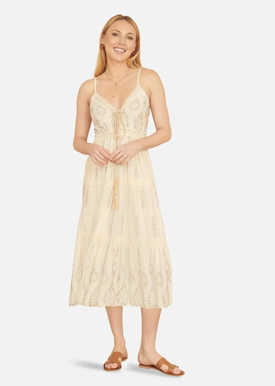 Yumi Beige Viscose Paisley Print Lace Trim Midi Sun Dress