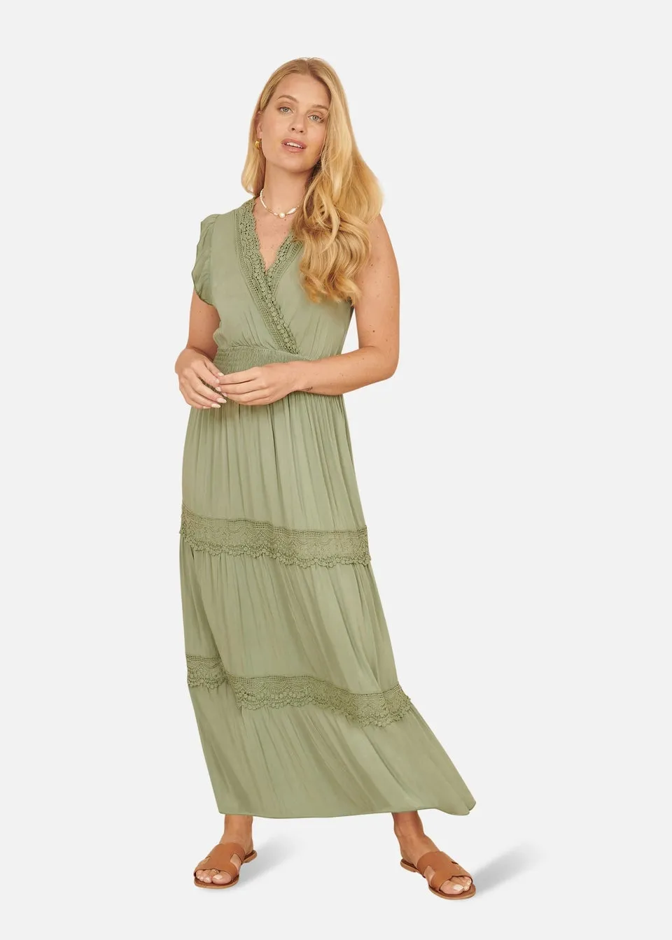 Yumi Green Viscose Lace Trim Wrap Maxi Dress