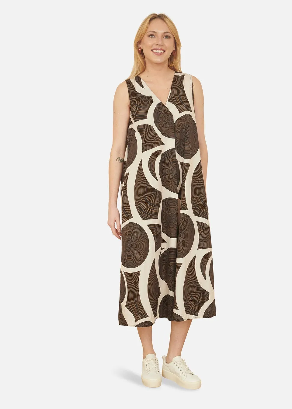 Yumi Brown Cotton Abstract Circle Trapeze Relaxed Midi Dress