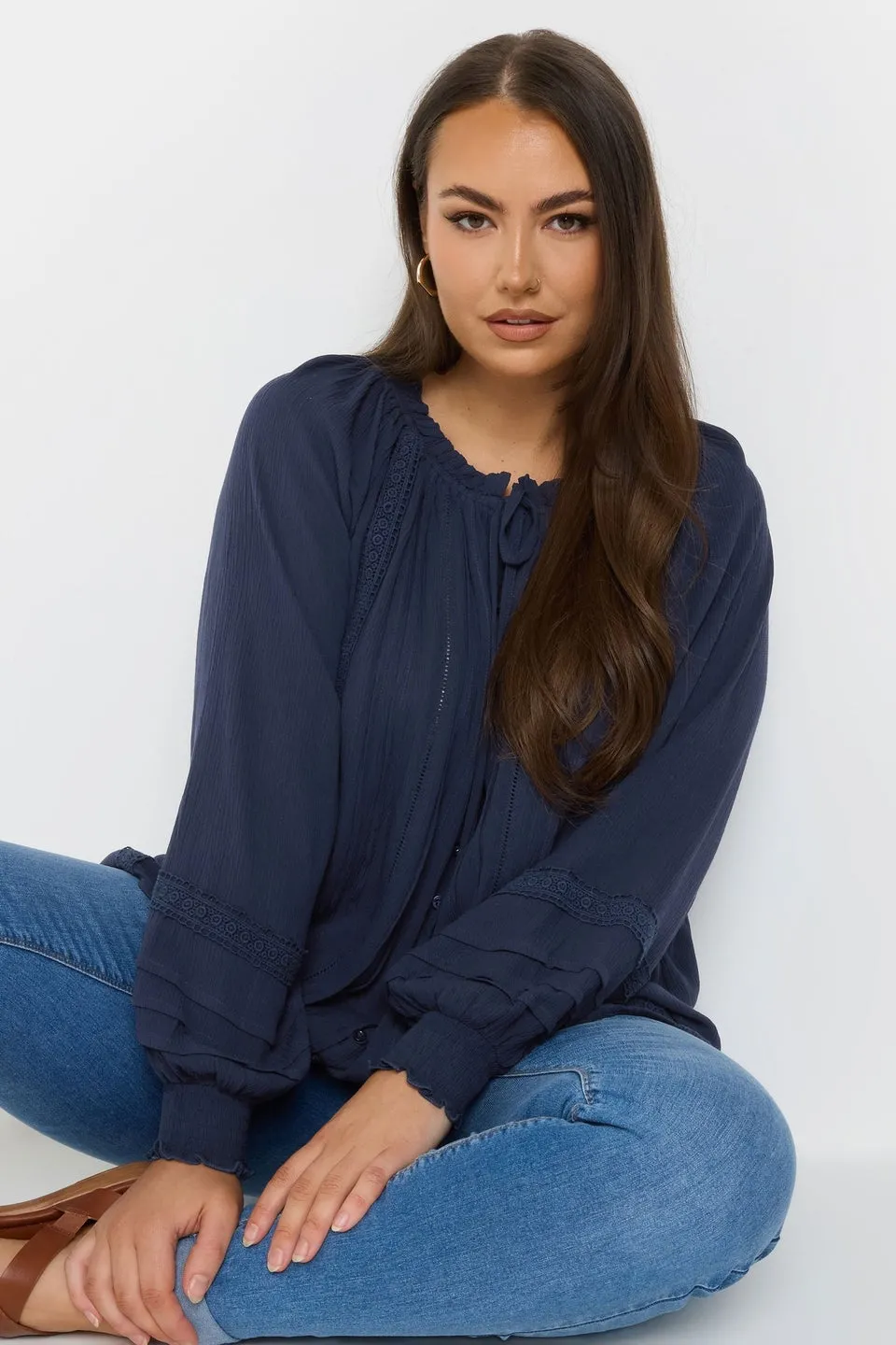 Yours Curve Navy Blue Tie Neck Pintuck Top