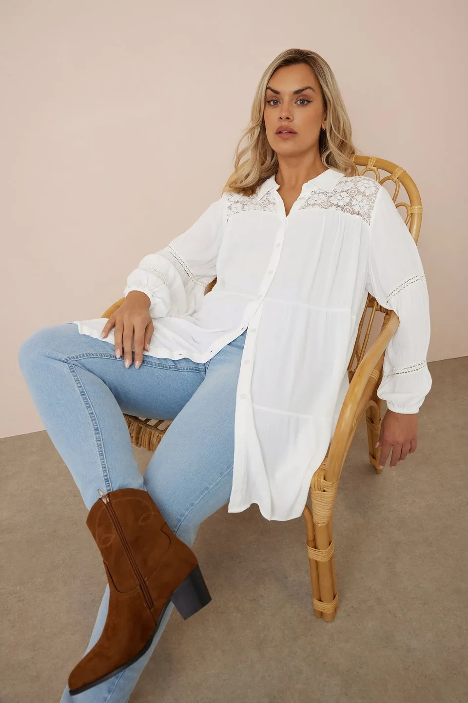 YOURS Curve White Tiered Crochet Detail Shirt