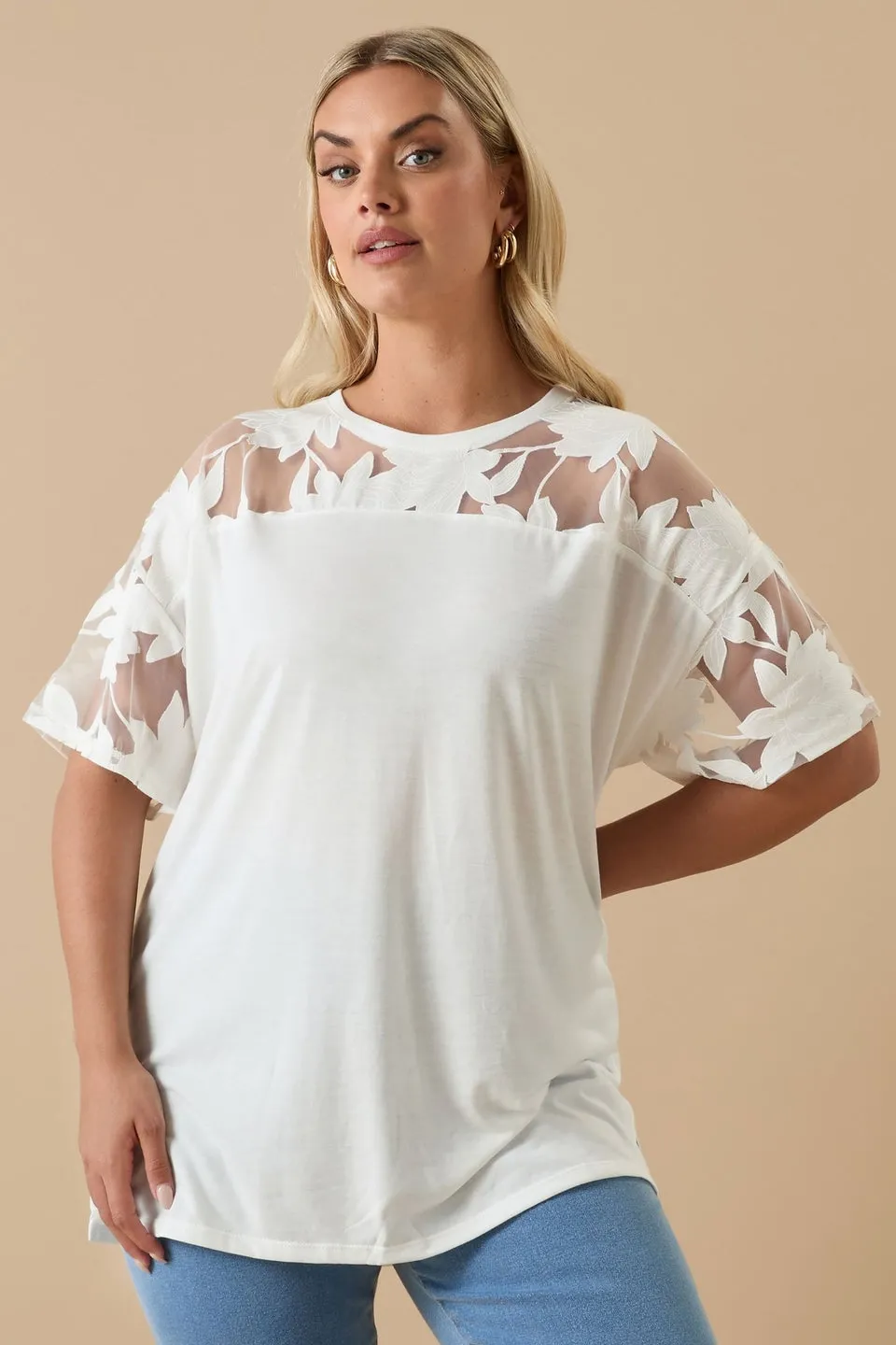 Yours Curve White Floral Burnout Boxy T Shirt