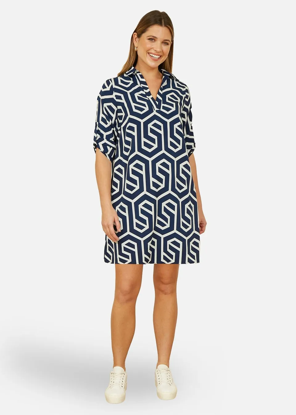 Yumi  Navy Geo Print Tunic With Pockets
