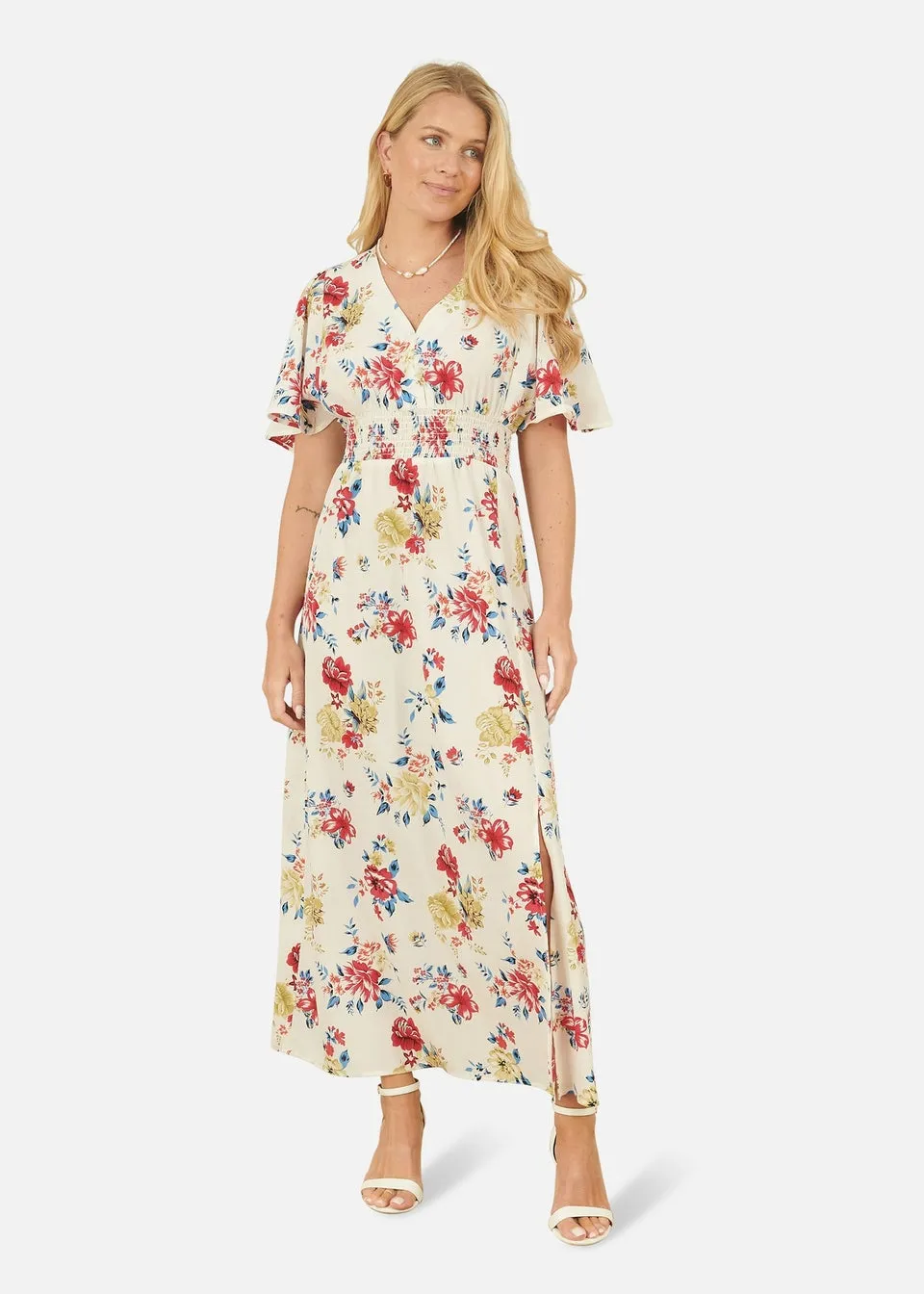 Yumi White Floral Recycled Fabric Ruched Waist Midi Dress