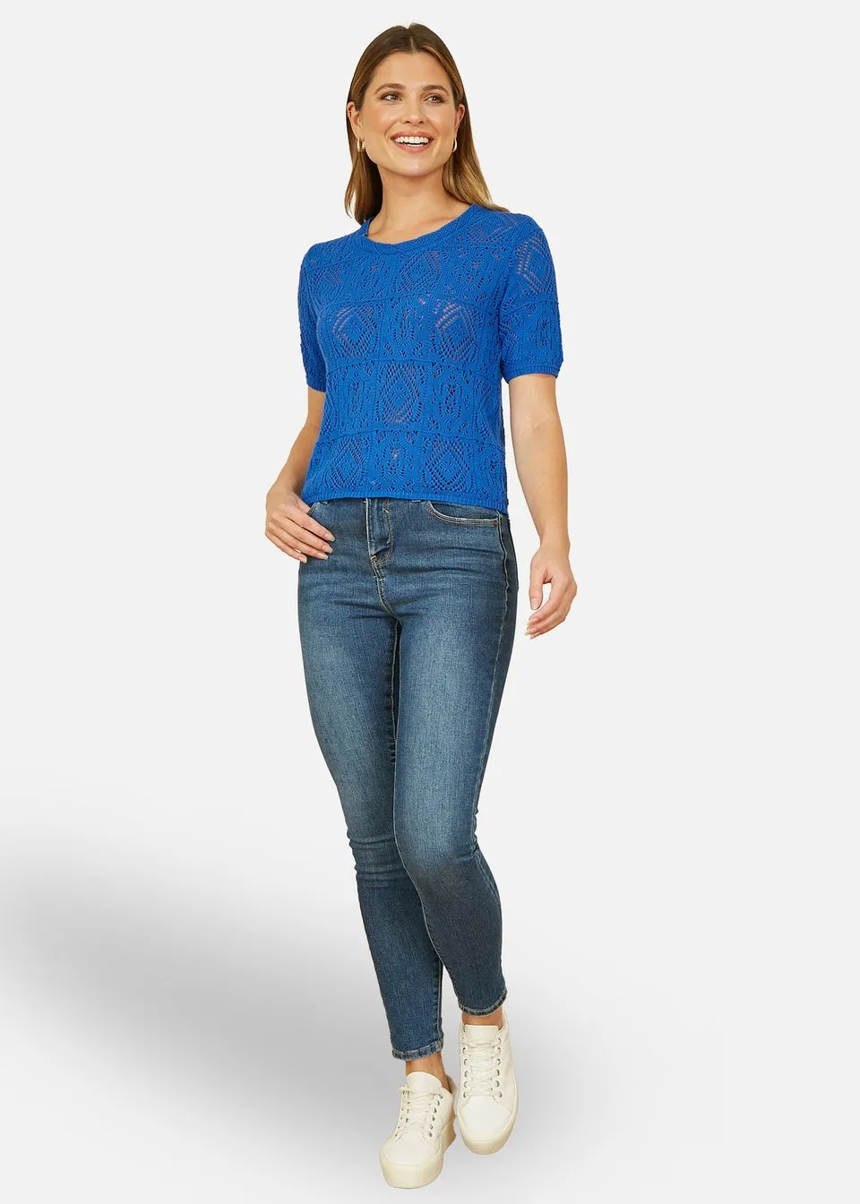 Yumi Blue Cotton Crochet Knitted Top