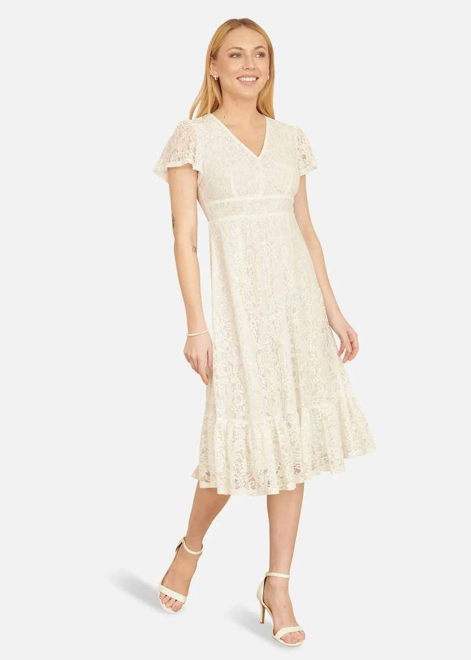 Yumi White Lace Midi Skater Dress
