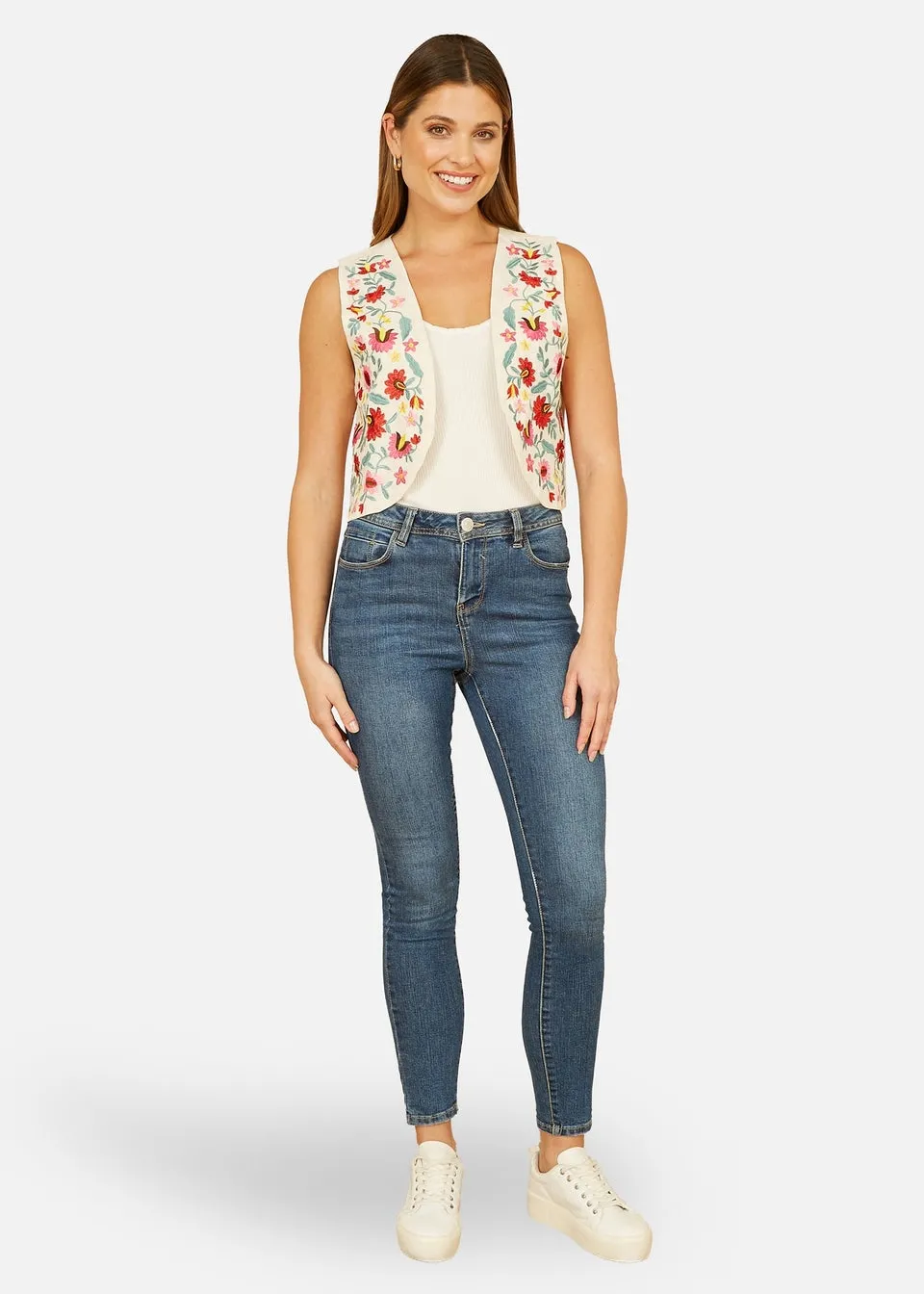 Yumi White Folk Embroidered Cotton Waist Coat