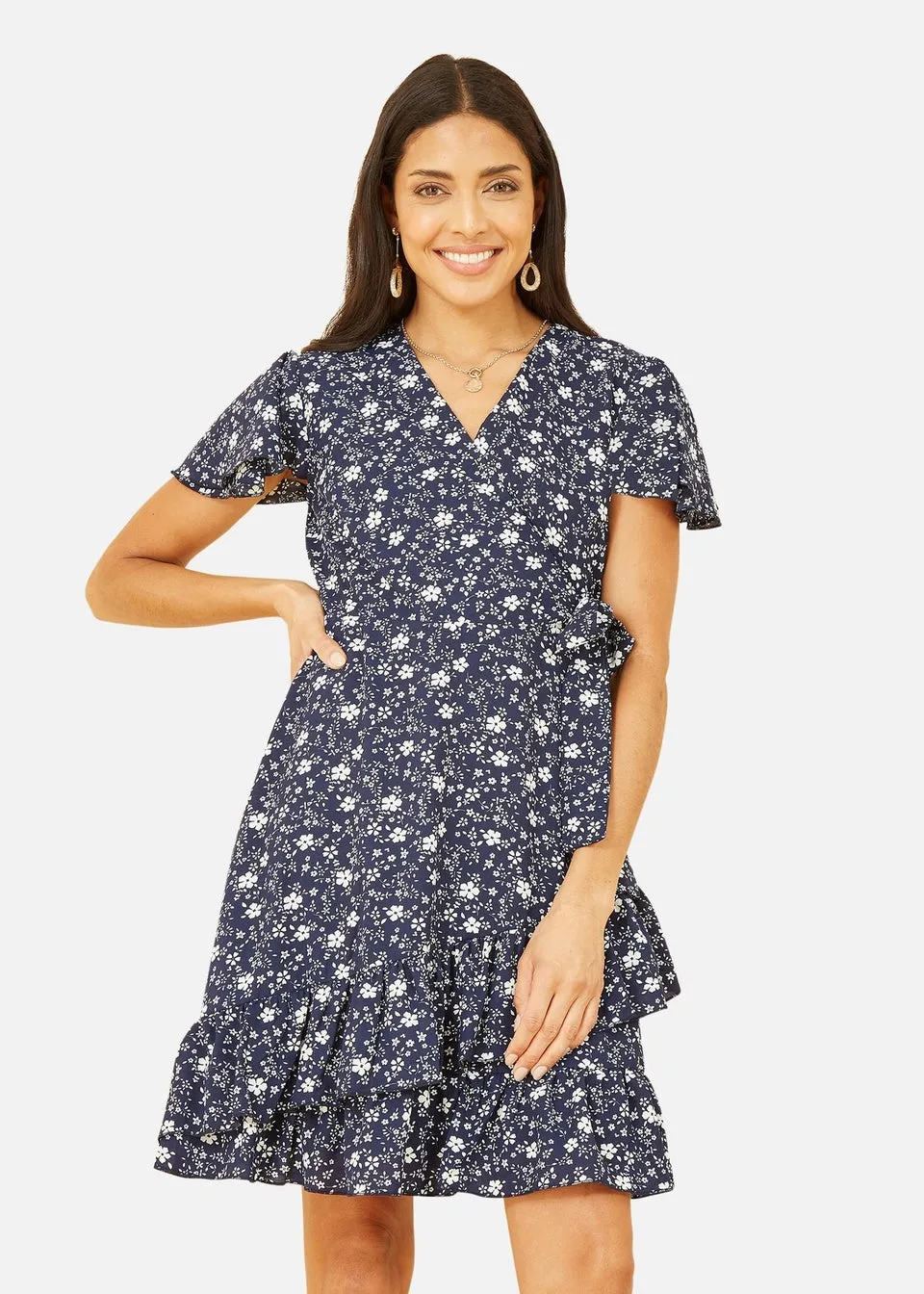 Yumi Navy Ditsy Floral Wrap Frill Dress