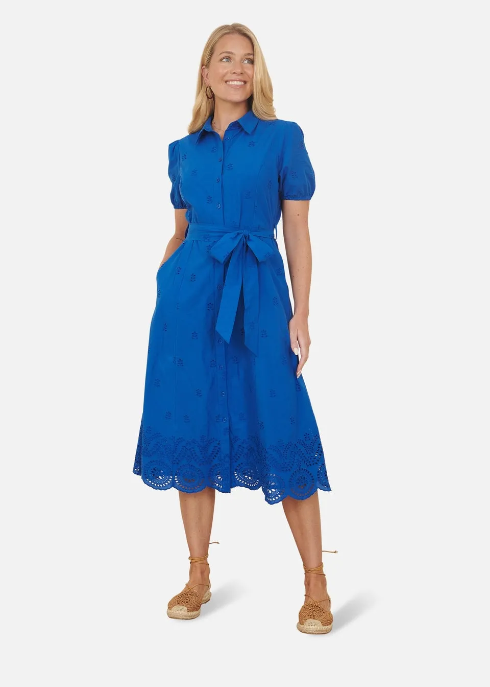 Yumi Blue Cotton Shirt Midi Dress With Cut Out Details