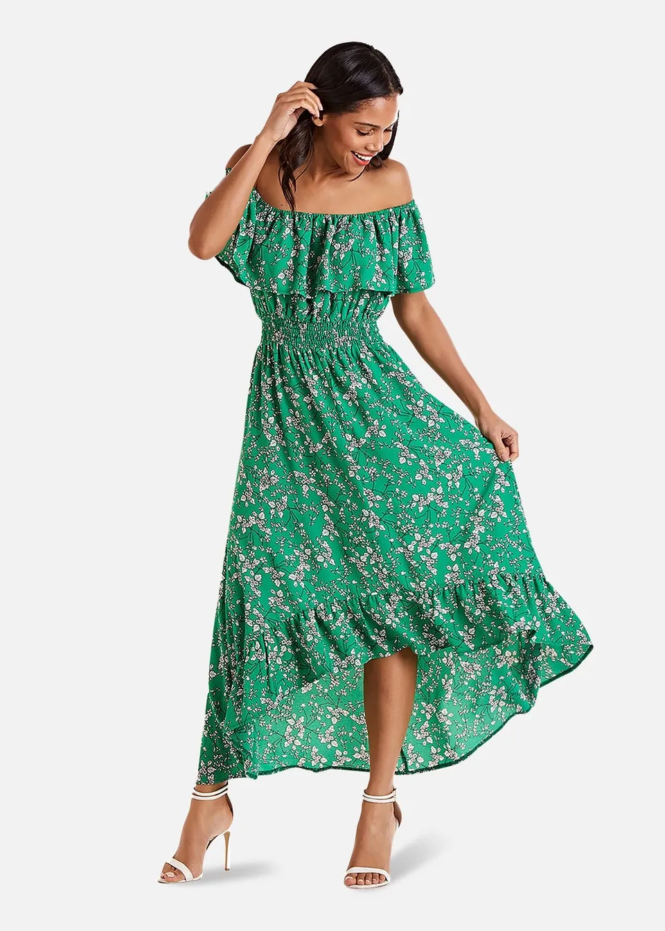 Yumi Green Floral Bardot Maxi Dress