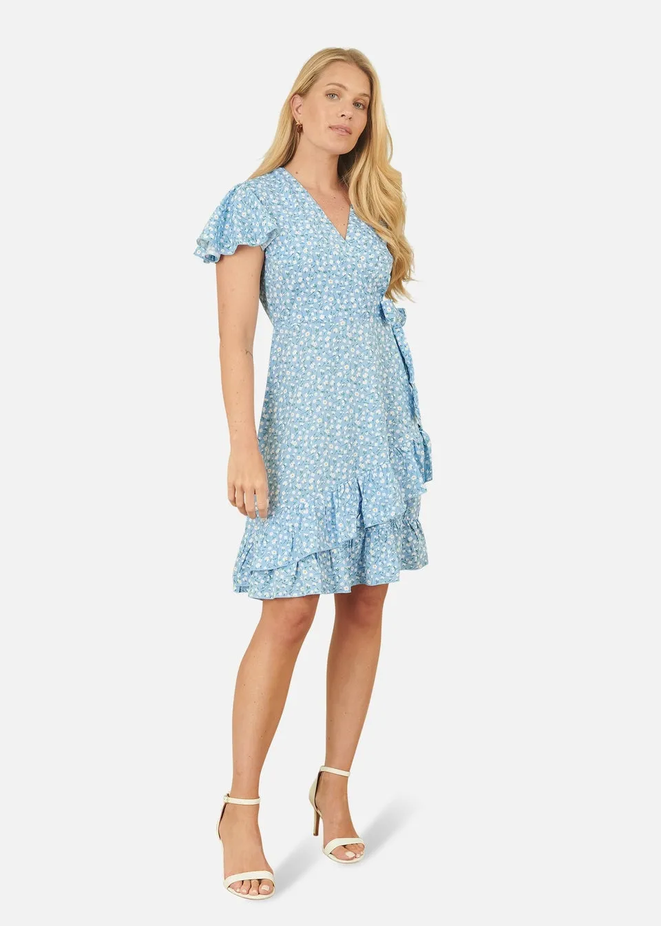 Yumi Blue Ditsy Floral Wrap Frill Dress