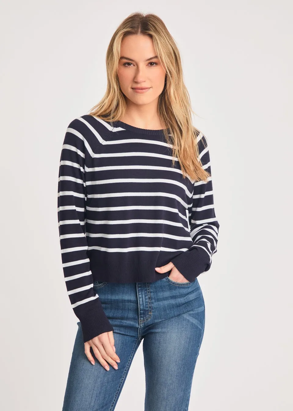 French Connection Navy Crew Neck Long Sleeve Striped Knit Jumper