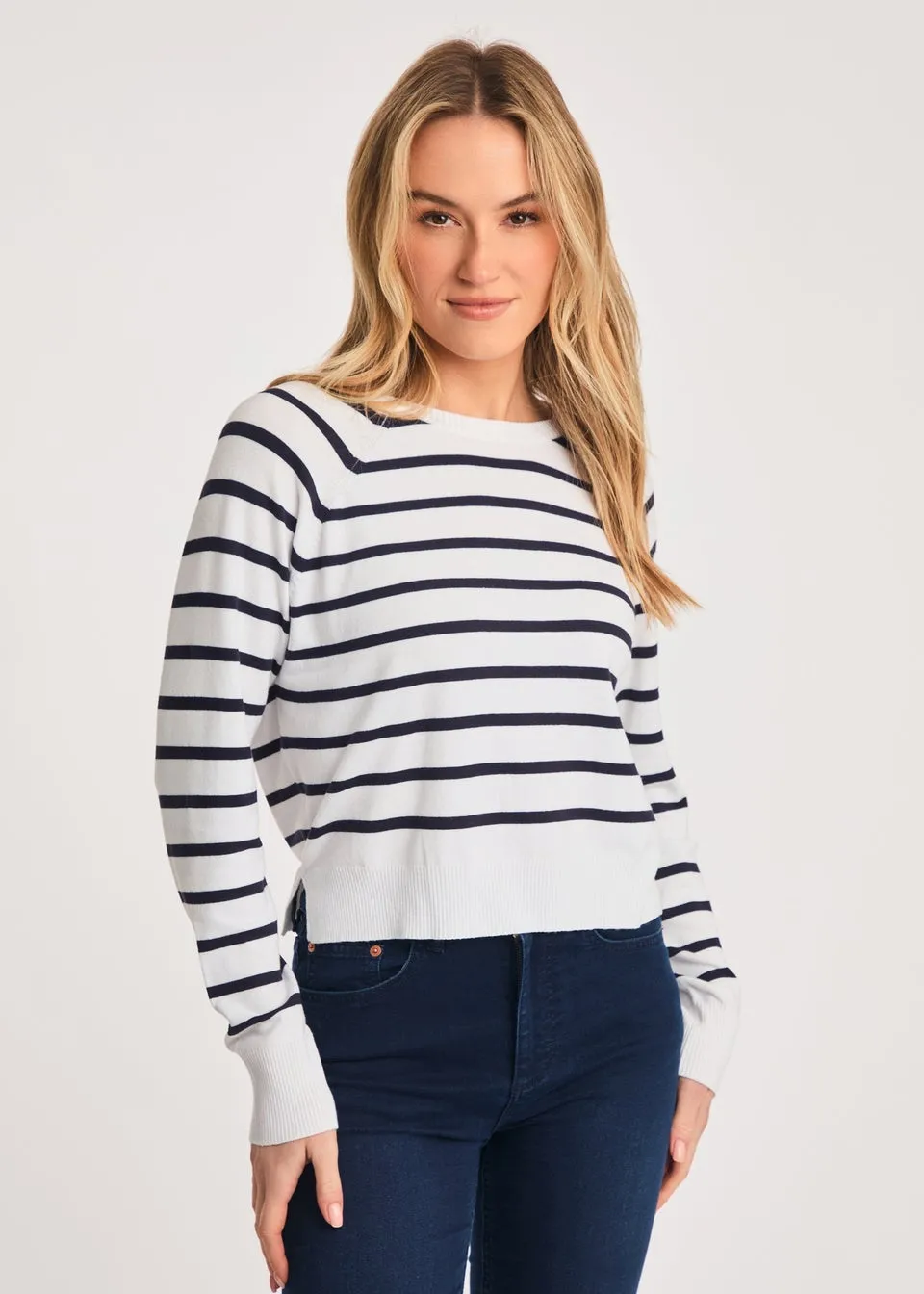 French Connection White Crew Neck Long Sleeve Striped Knit Jumper