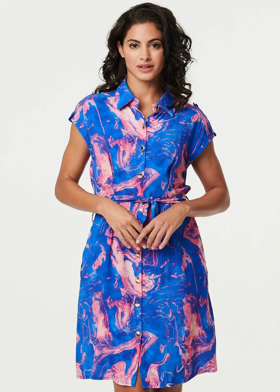 Izabel London Blue Marble Print Knee Length Shirt Dress