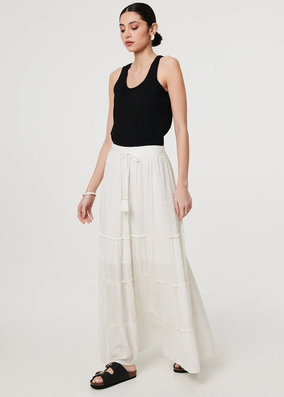 Izabel London White Textured High Waist Tiered Maxi Skirt