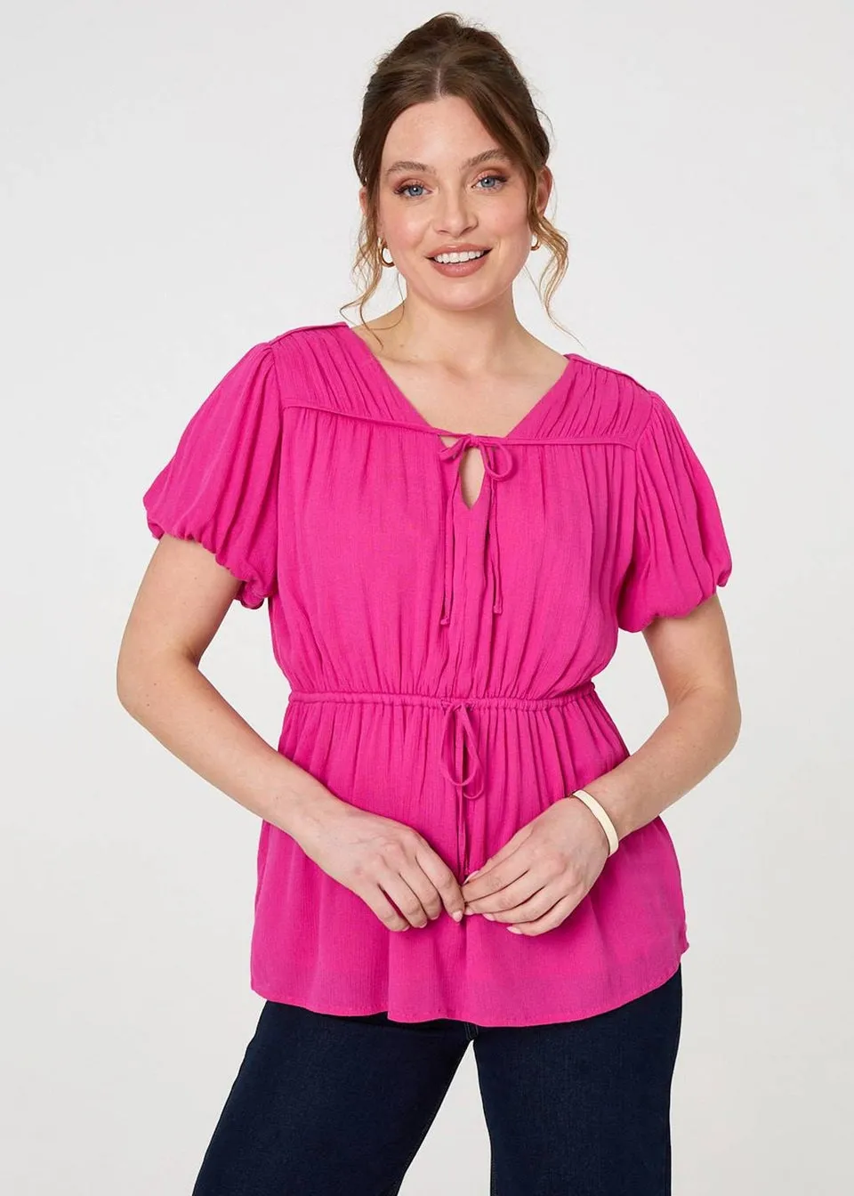Izabel London Pink Ruched Short Puff Sleeve Peplum Blouse