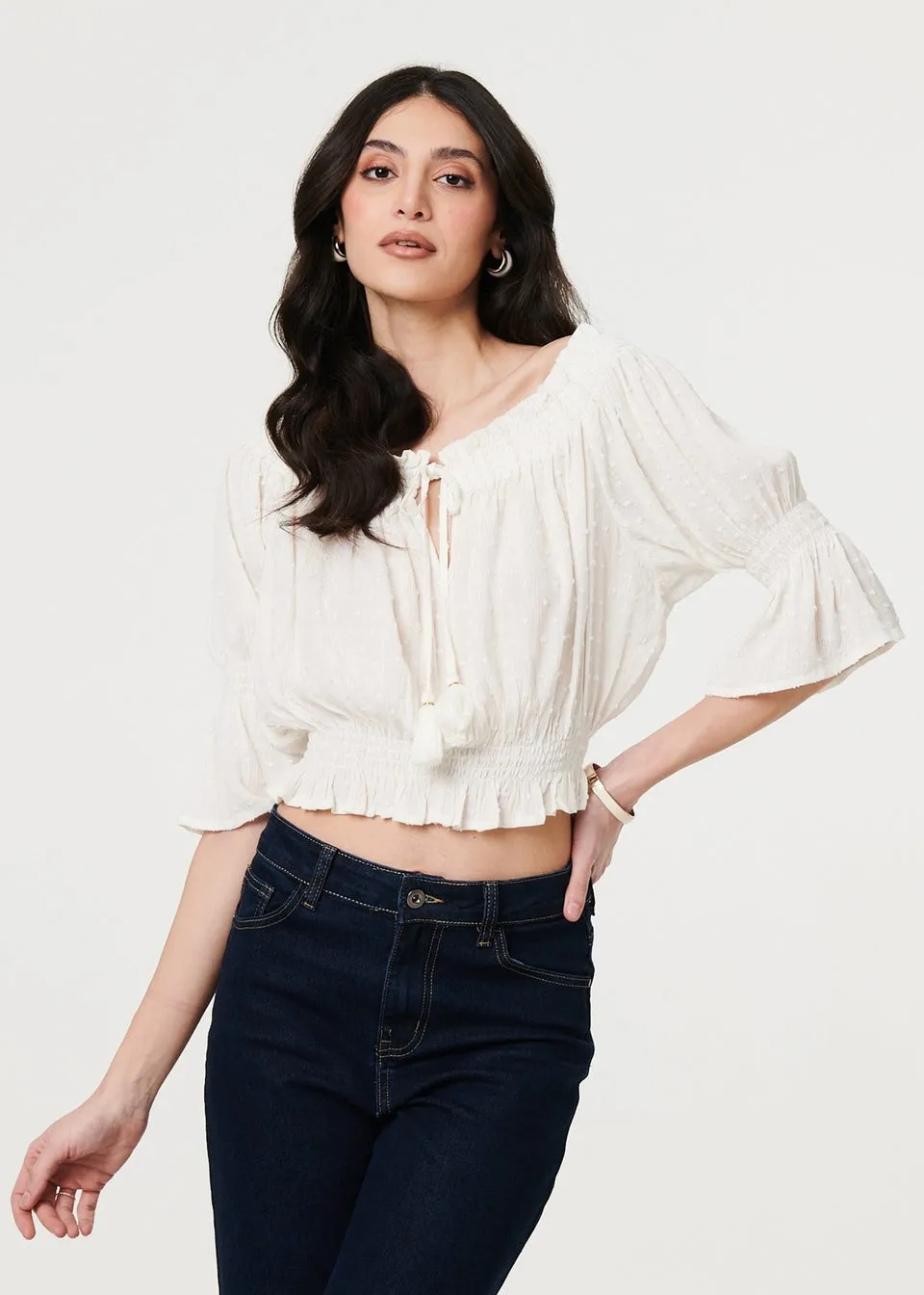 Izabel London White Textured Bardot Ruched Crop Top