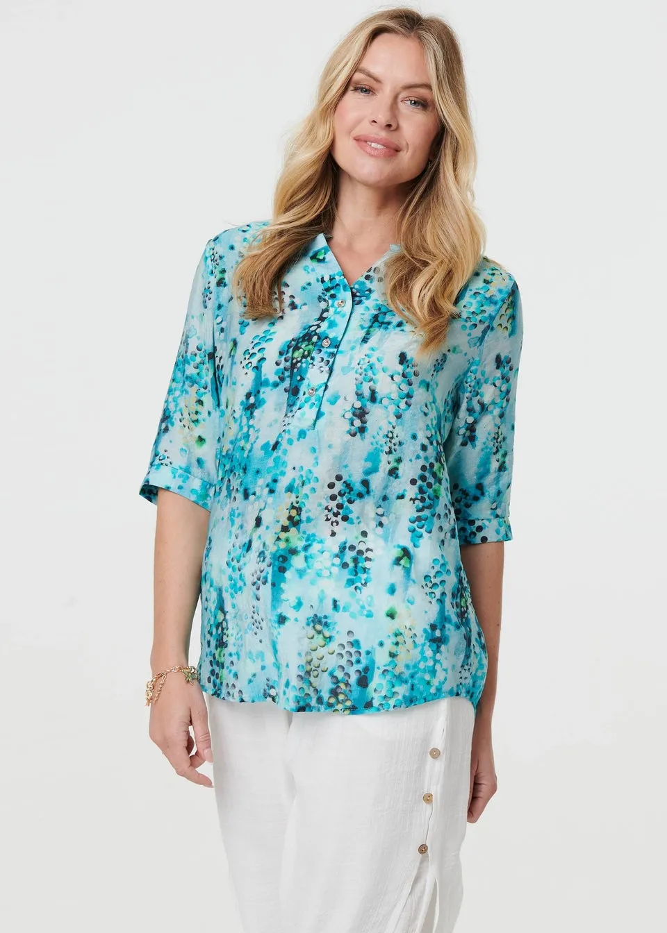 Izabel London Turquoise Printed 3/4 Sleeve Relaxed V-Neck Blouse
