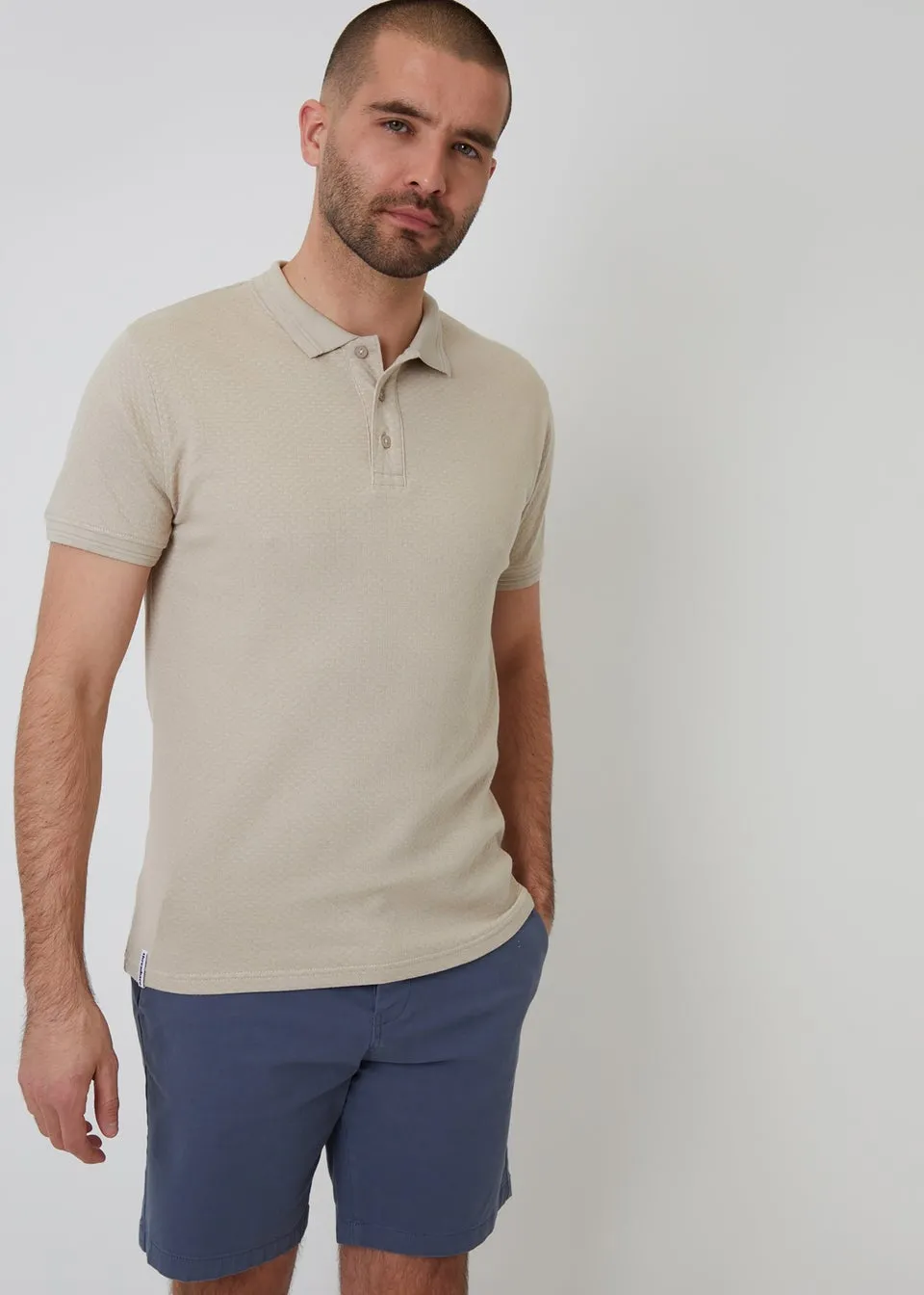 Threadbare Stone Textured Cotton Short Sleeve Polo Shirt