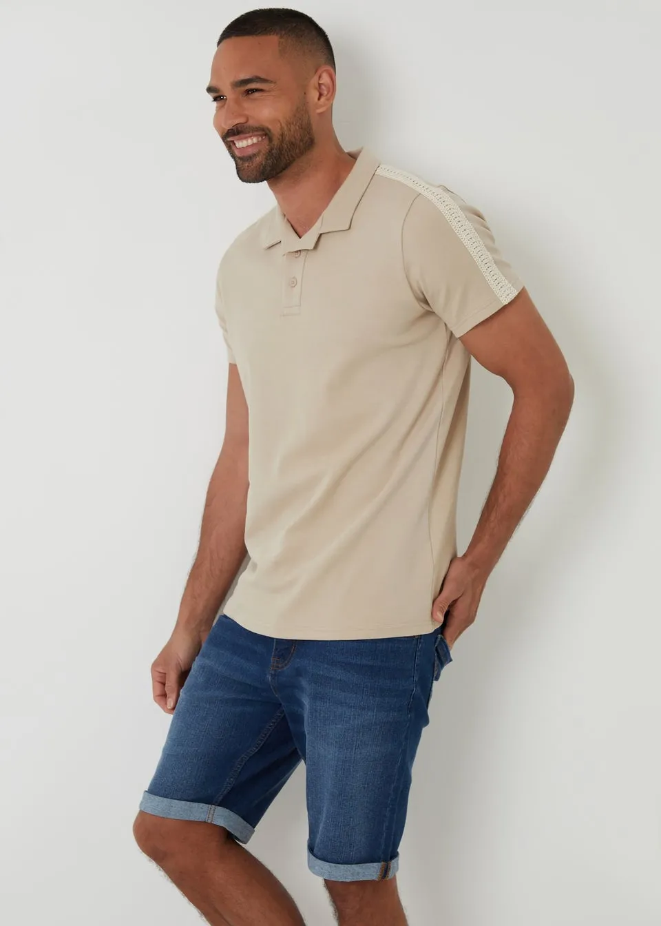 Threadbare Stone Crochet Detail Revere Collar Polo Shirt