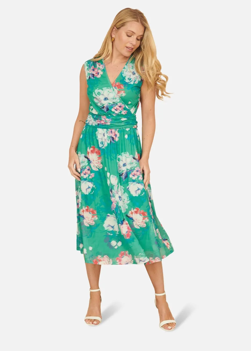 Yumi Green Blossom Print Stretch Mesh Dress With Pockets