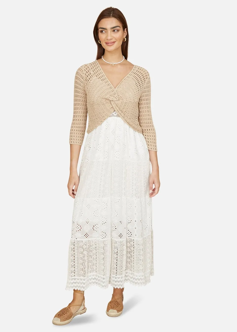 Yumi Beige Cotton Crochet Knitted Top